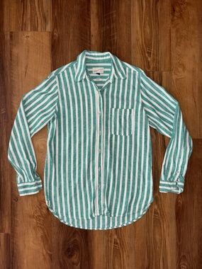 Universal Thread Green and White Striped Relaxed-Fit Linen Shirt